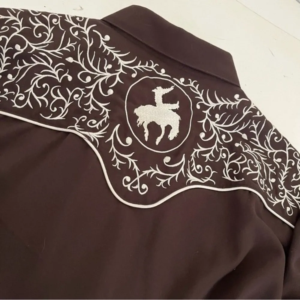 ROPER Brown Bucking Bronc Embroidered Western Snap Shirt Vintage Size Large - Image 6