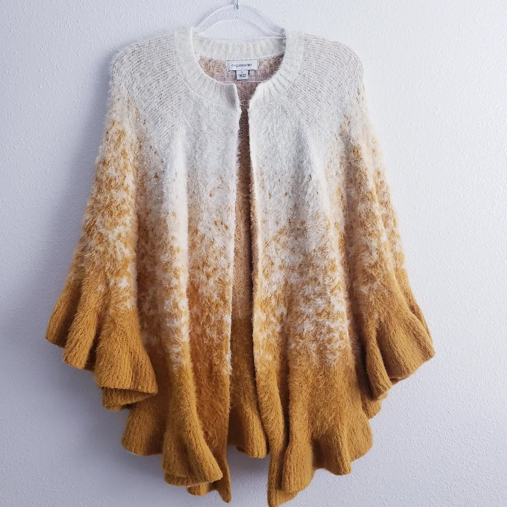 Anthropologie Senna Eyelash Fuzzy Ombre Poncho Orange Size L - Image 4