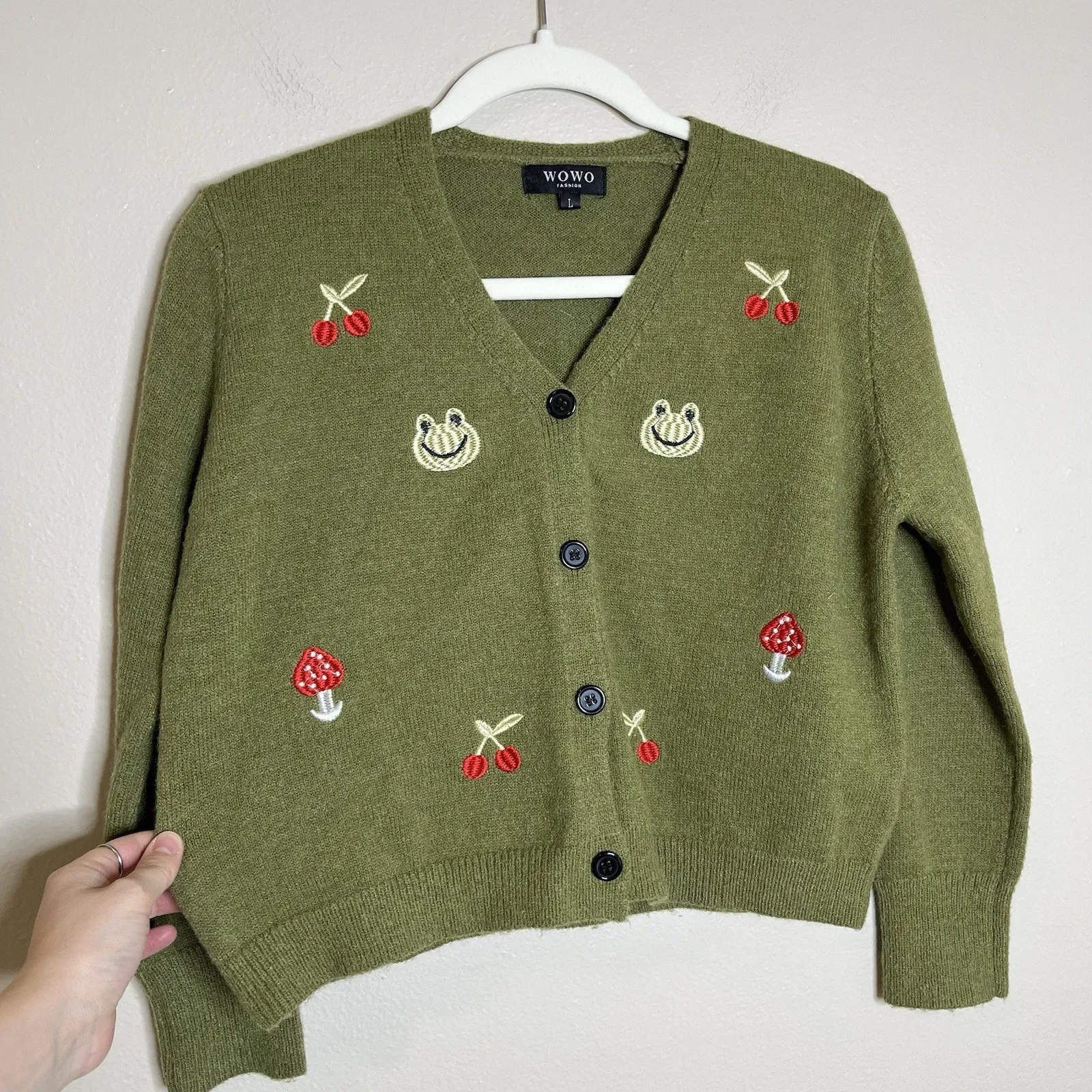 Green Cardigan Novelty Cropped Frogs Mushrooms Embroidered Cherry Cute Kid Core Size M - Image 3