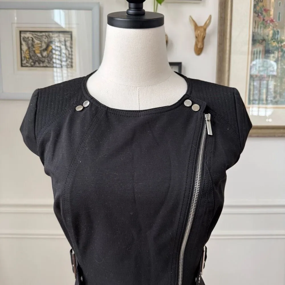 Karen Millen Black Sheath Moto Pencil Dress Silver Offset Zipper Snap $298 8 - Image 5