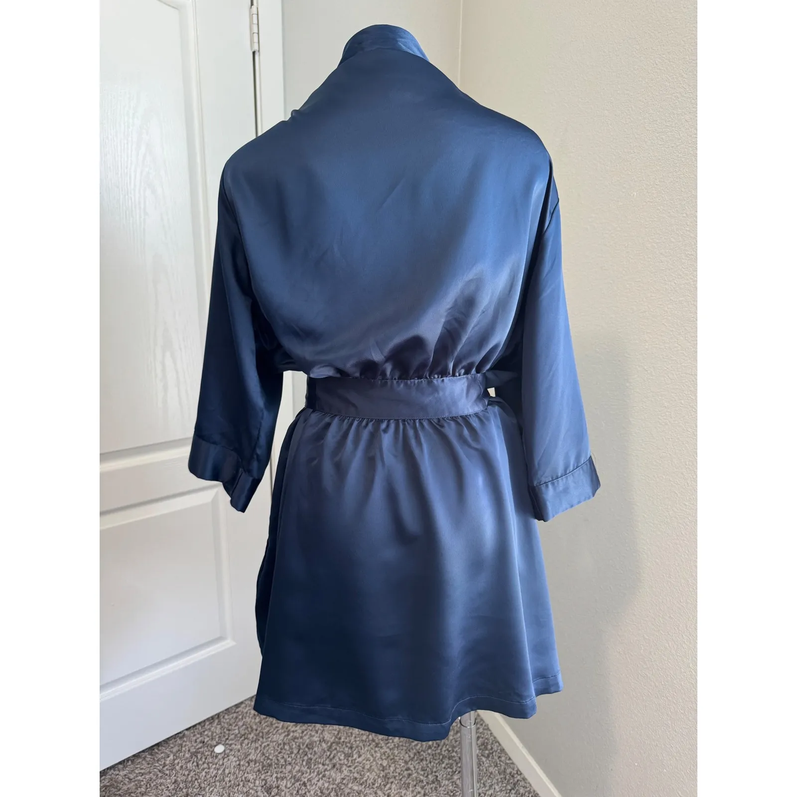 Cabernet Satin Robe Kimono Style Lightweight Loungewear Pockets XL Blue - Image 4