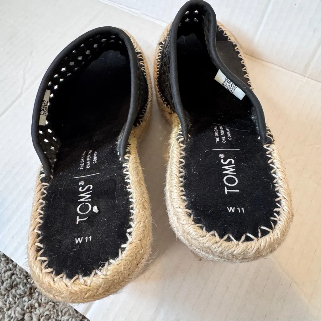 Toms Black Leather Peep Toe Espadrille Wedge Sandals Womens 11 Beachy Summer - Image 9