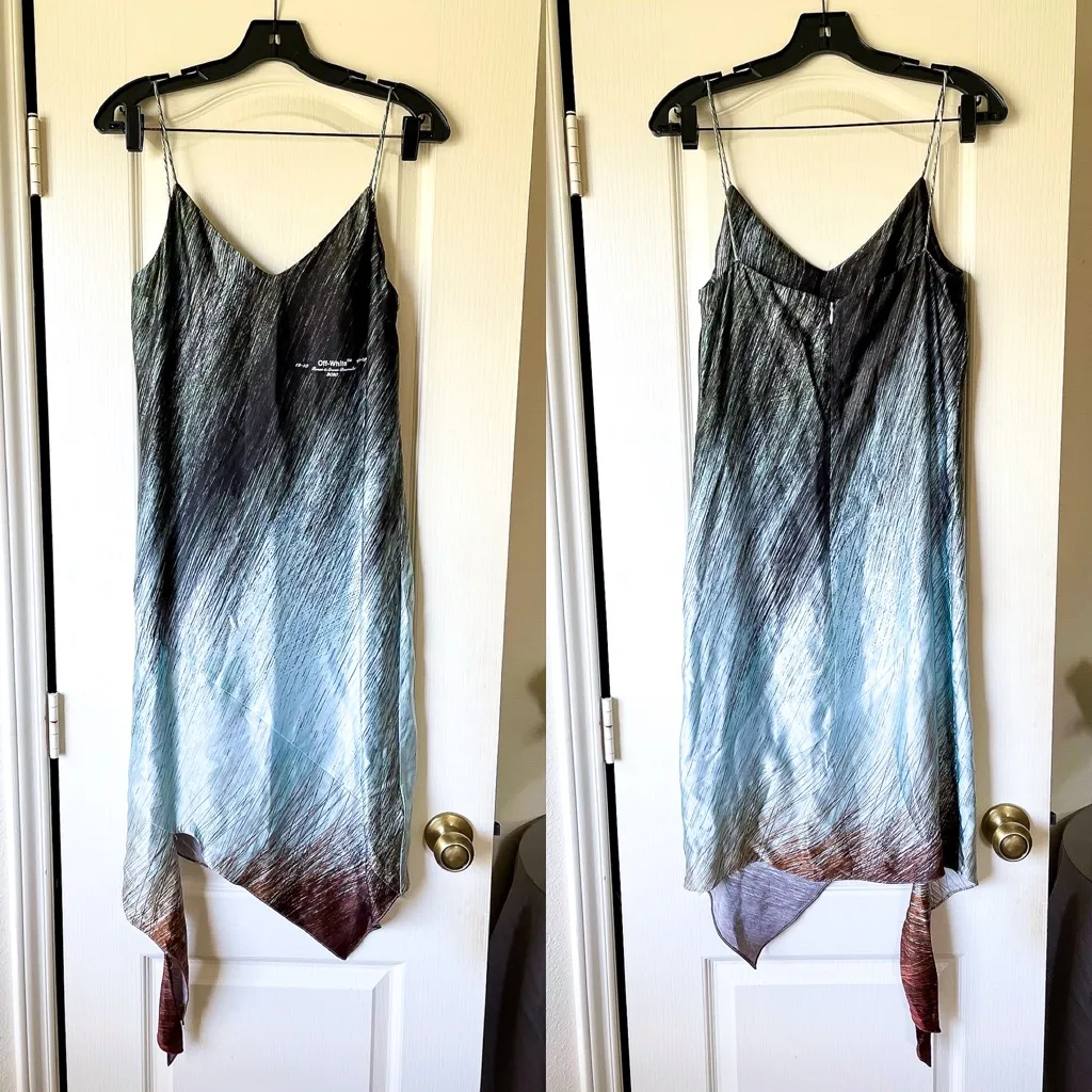 Off-White Bouroullec Asymmetrical Slip Dress Satin Green Multi 42 EUC - Image 3