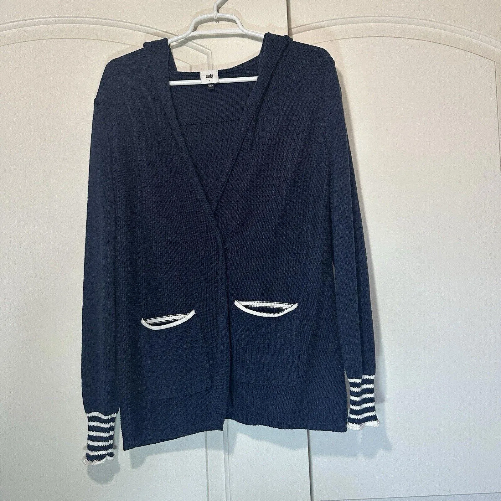 Cabi‎ Womens El Captain Hoodie Cardigan Sweater Size Small Navy Blue White 5780 - Image 2
