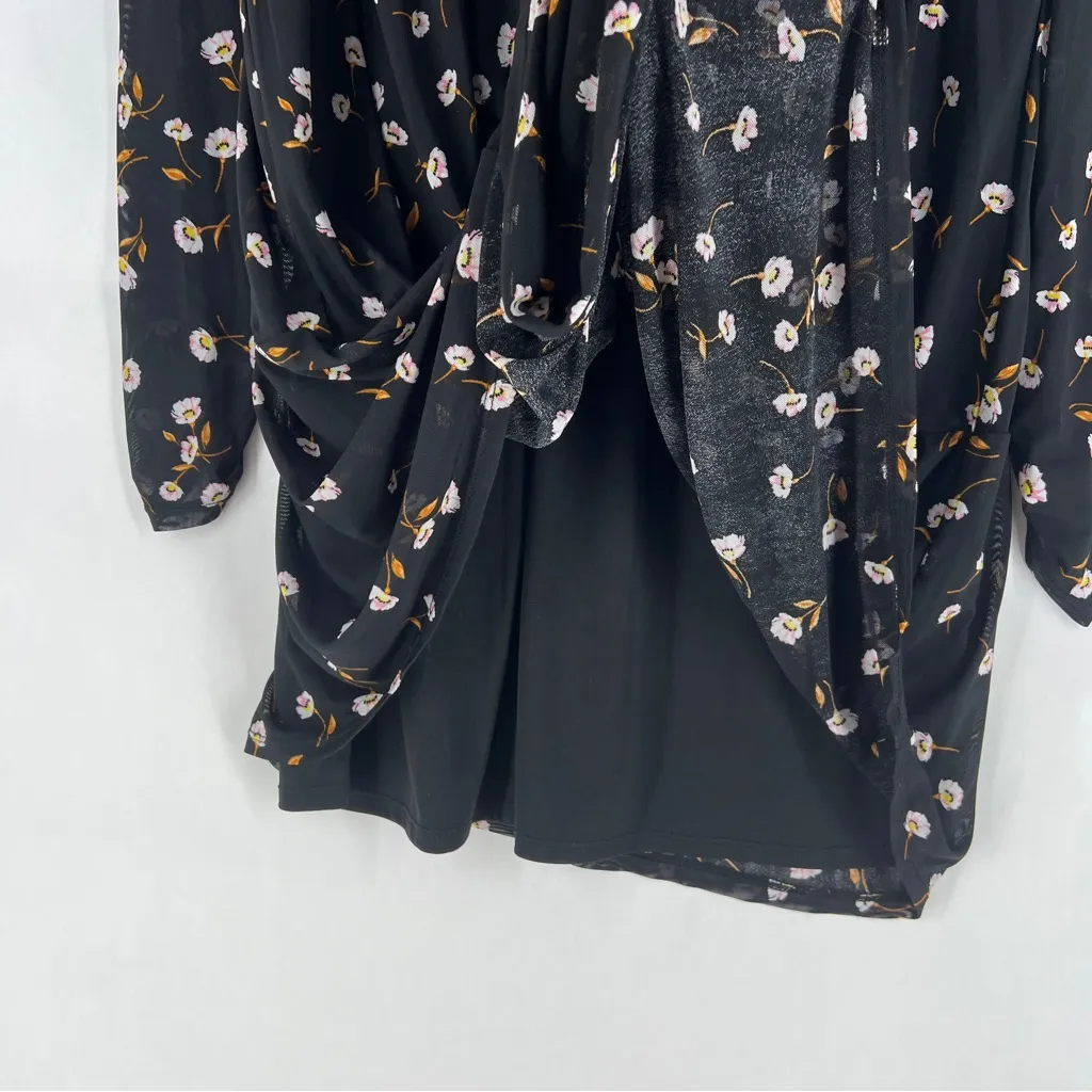 AFRM Noir Spring Floral Sheer Mesh Tiered Long Sleeve Mini Babydoll Dress Size M Black Size M - Image 10