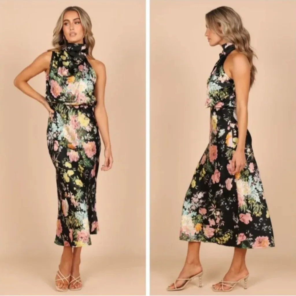 NWT Anabelle Funnel Neck Satin Midi Dress Black Floral Size XS - Image 3