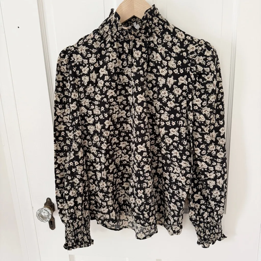 FRNCH Paris Cihem Black Floral Puff Long Sleeve Ruffle Neck Blouse Top Small S - Image 3