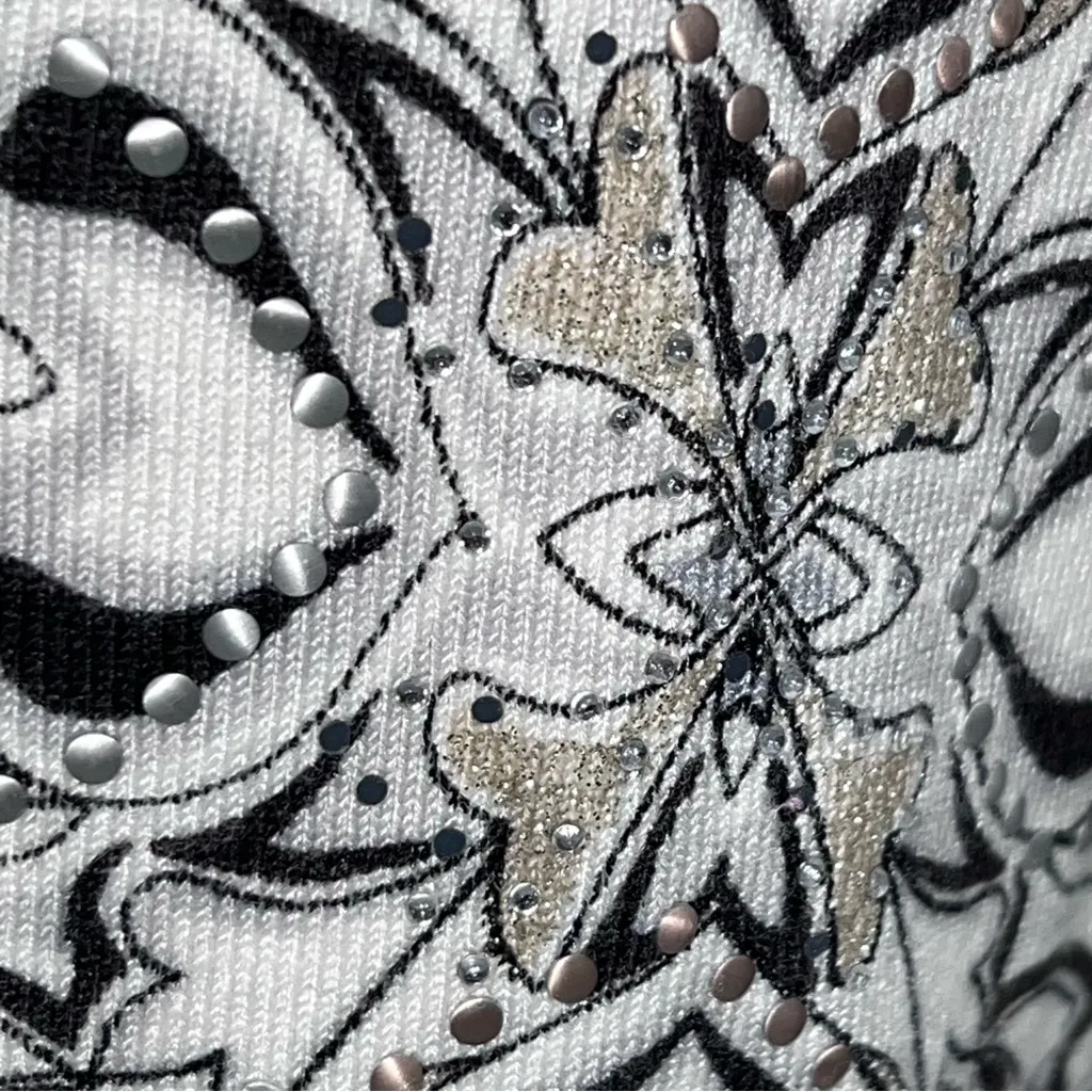 White House Black Market Black/Gray/Light Gold on White Floral Cardigan—Size XS - Image 5