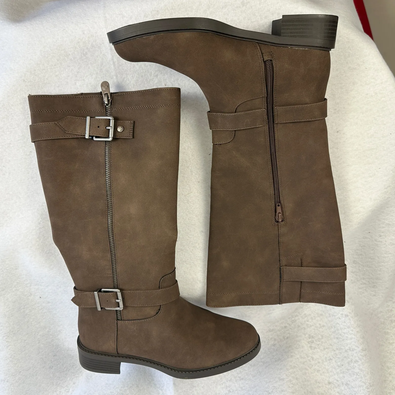 New Kelly & Katie Tall Riding‎ Boots Brown Faux Leather Buckle Zip Women7.5 Wide - Image 7