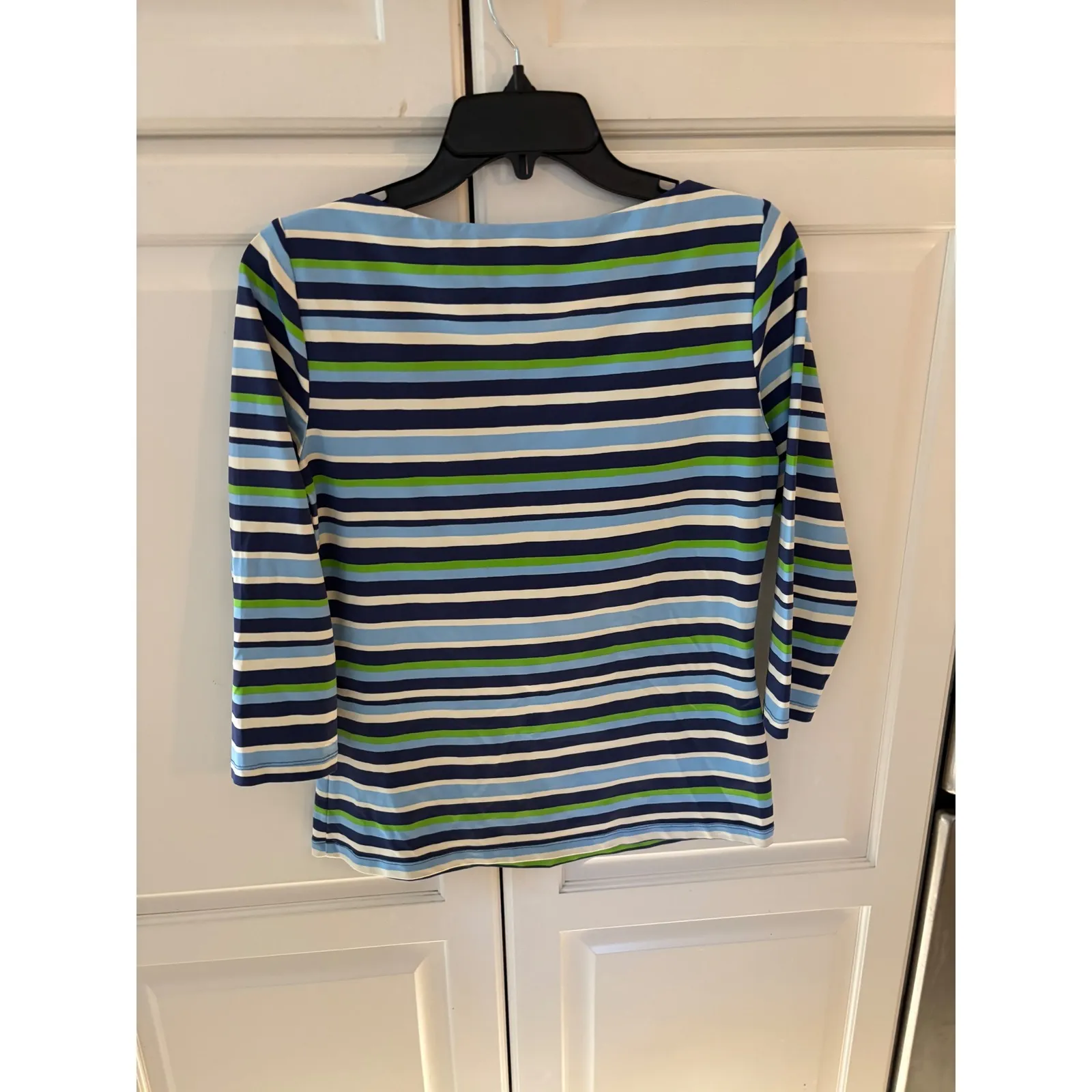J McLaughlin Striped Boat Neck‎ 3/4 Sleeve Top Womens Navy Blue Green White - Image 5