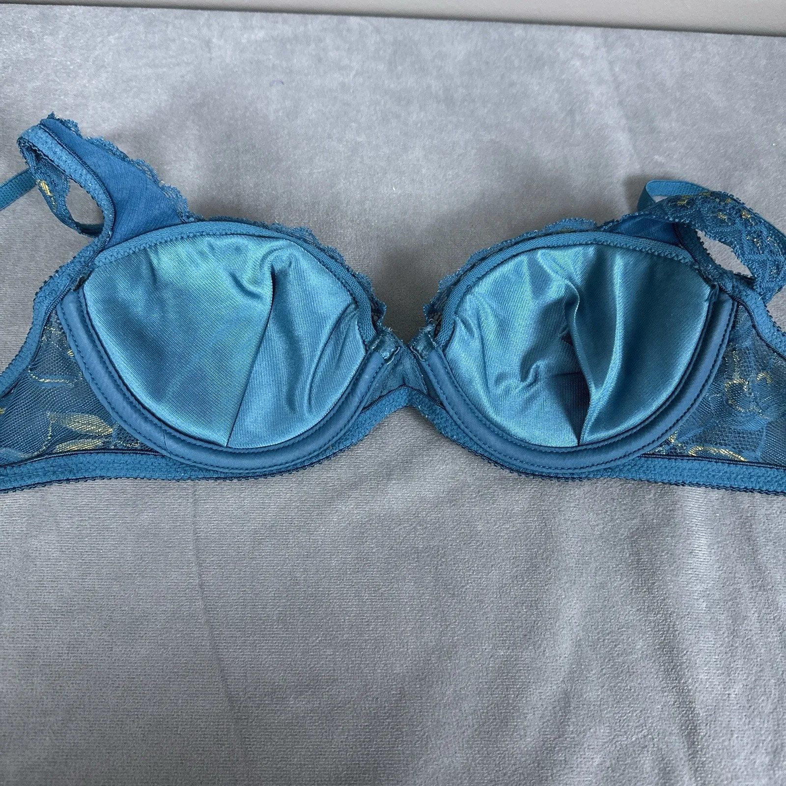 Vintage On Gossamer Bra 90s Padded Lined Push Up 34A Teal Lace Underwire AS IS Blue Size undefined - Image 6