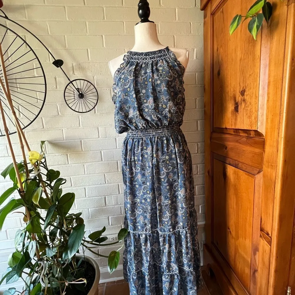 Max Studio maxi dress floral shirred waist ruffle flutter sleeves size L - Image 3
