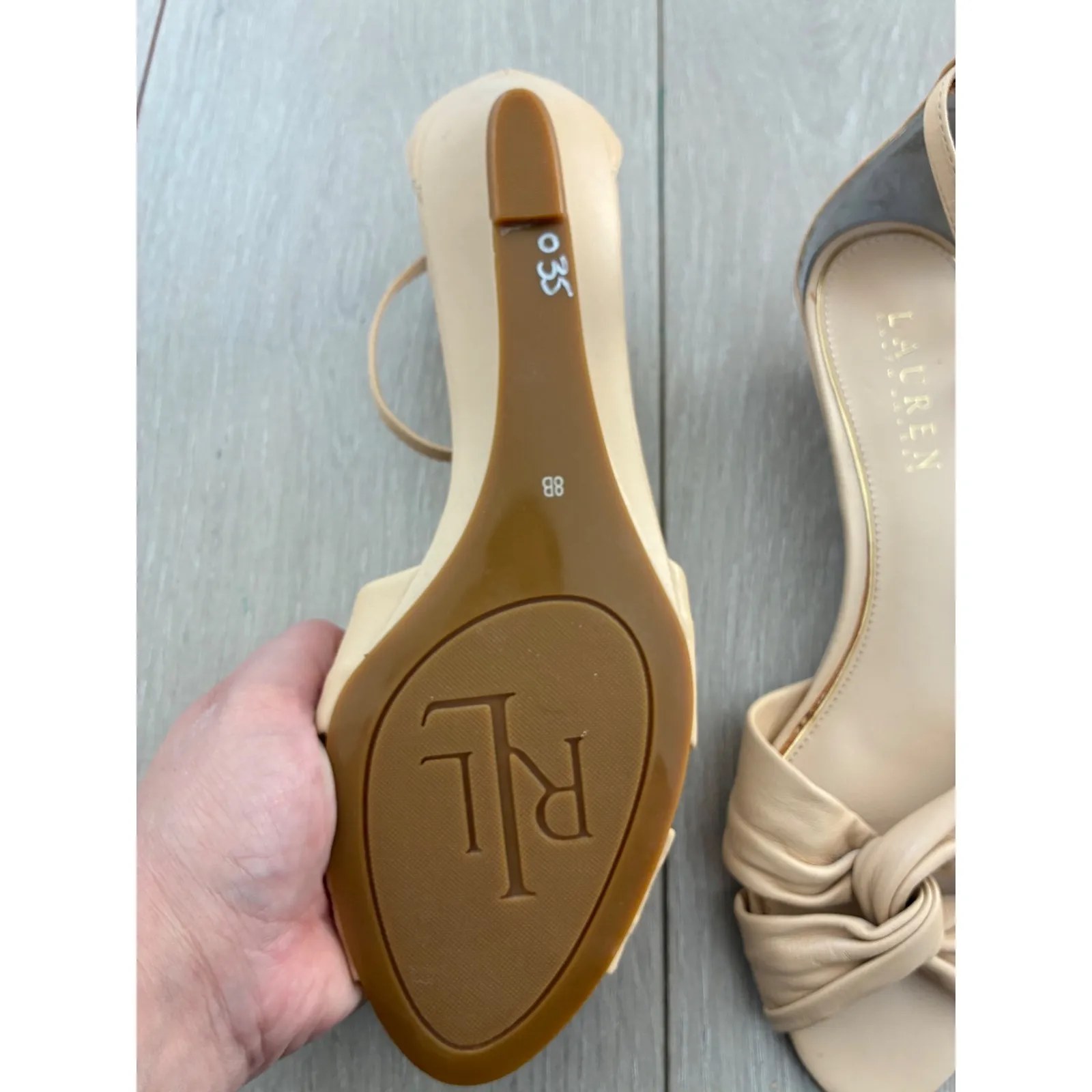 Lauren Ralph Lauren Women Beige Leather Knot Ankle Strap Wedge Sandals Size 8 - Image 3