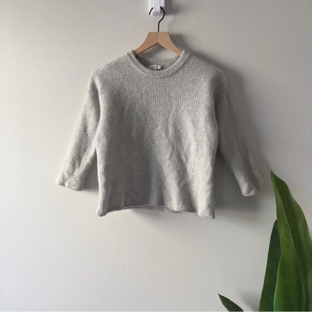 Madewell 100% Merino Wool Light Gray Crew Neck Sweater 3/4 Sleeve Grid Knit - Image 3