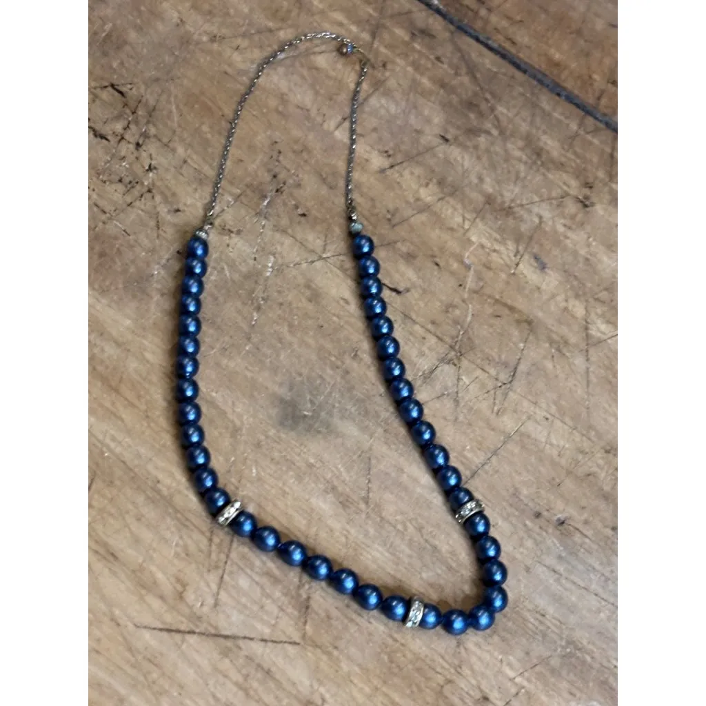 Vintage Blue Faux Pearl Necklace With Rhinestone Accents & Adjustable Hook Clasp Silver Size M - Image 4