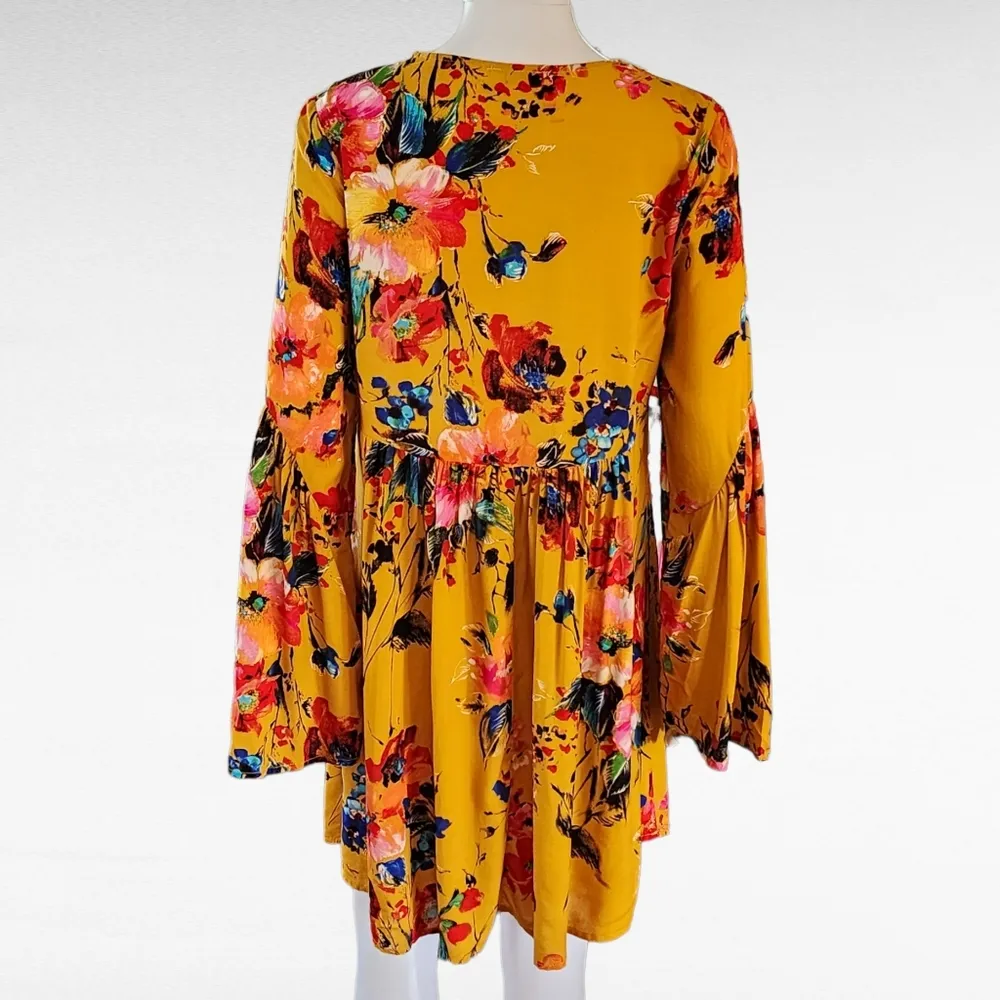 Umgee Mustard Floral Bell Sleeve Vneck Tunic Mini Dress Size Small - Image 4