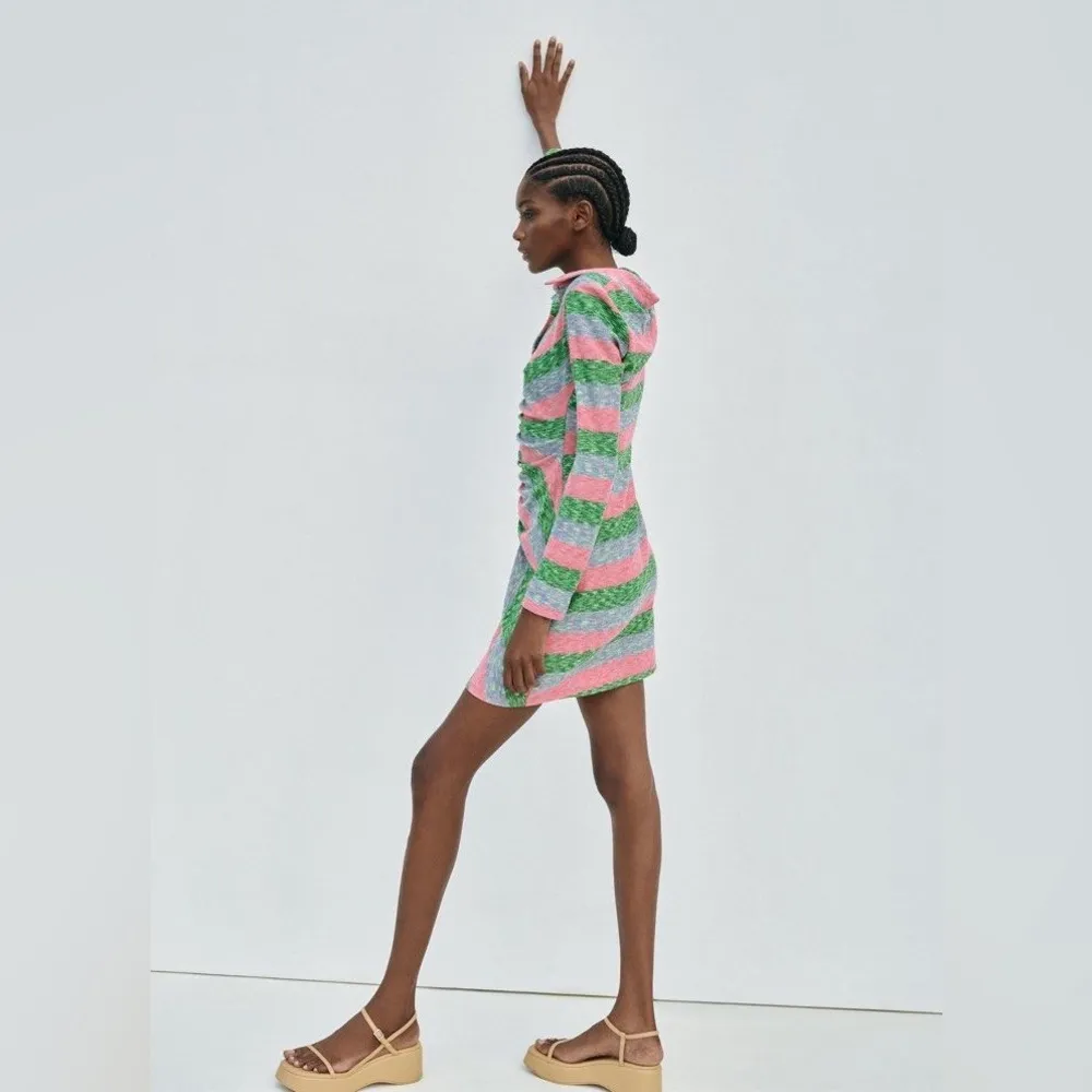 Zara Striped Ruched Dress Pink & Green Fall Large - Image 2