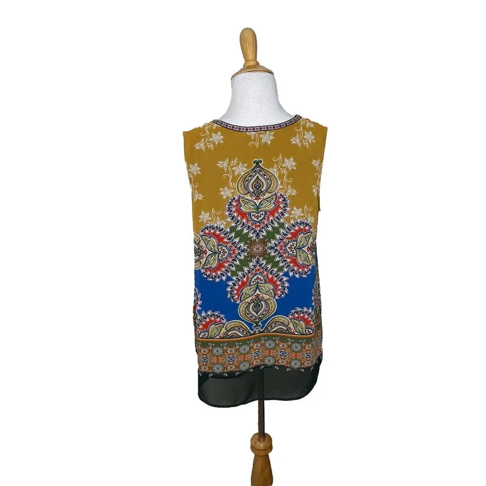 Daniel Rainn Boho Paisley Print Flowy Embroidery V Neck Tassels Sleeveless Top M - Image 3