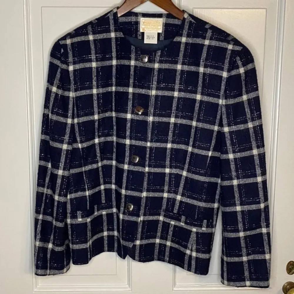 Classic Pendleton Navy & Silver Metallic Thread Plaid 100% Virgin Wool Blazer 14 - Image 3