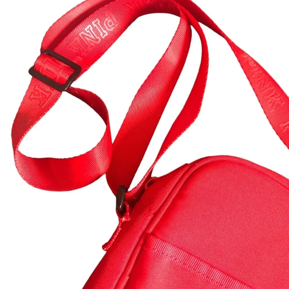 PINK VS Logo Crosssbody Red Canvas Bag Adjustable Strap 7.5X6 Pockets Travel - Image 3