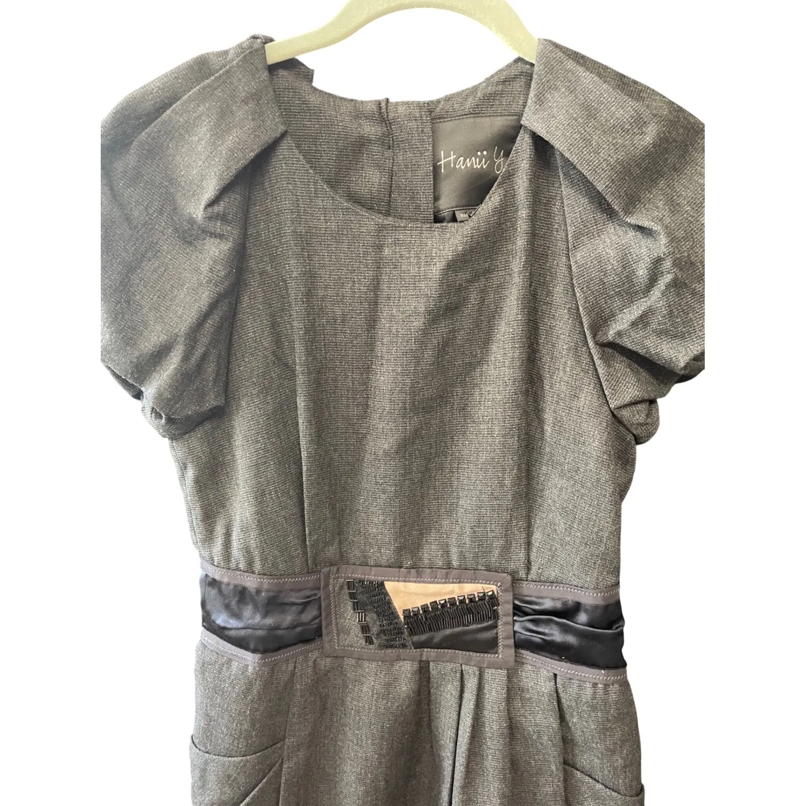 Hanii Y.‎ Gray Dress Puff Sleeve Beaded Belt Fitted Party Cocktail Career Size 38 - Image 2