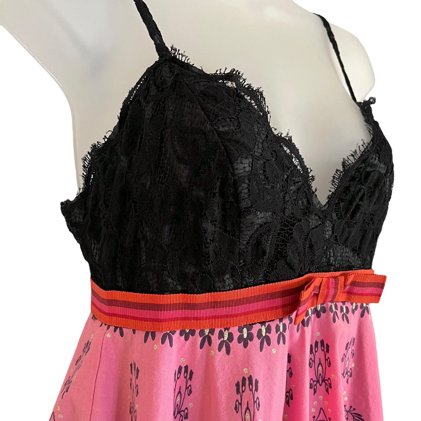 Vintage Anna Sui Archival Party Dress Black Lace Sparkling Print Pink Skirt - Image 7