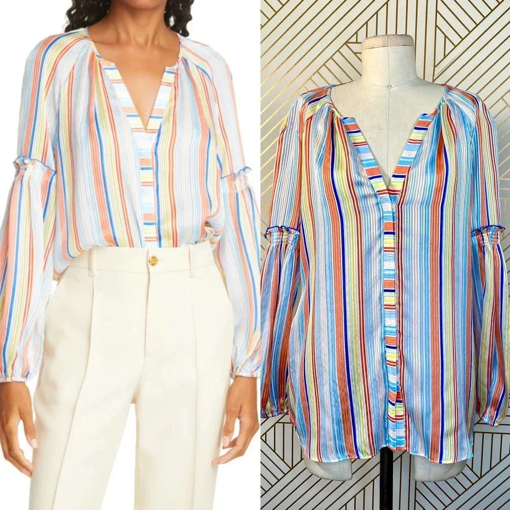 Tanya Taylor‎ Illa Silk Blouse Summer Stripe Print - Image 2