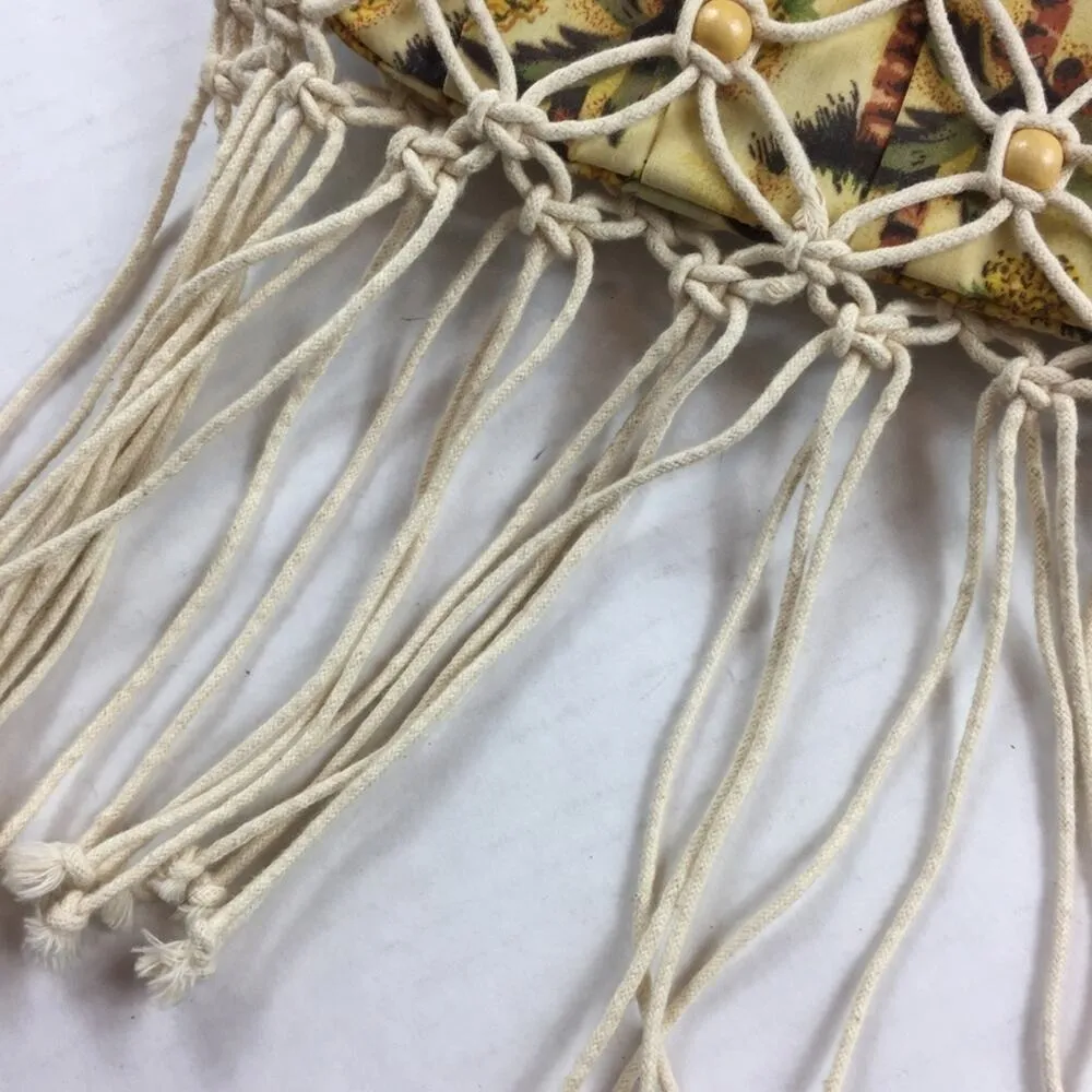 Vintage Macrame Pineapple Print Fringe Beaded Boho Handle Bag Yellow - Image 4
