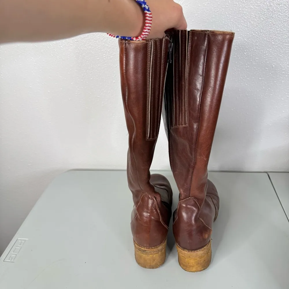 Vintage Y2K Brown Leather Shearling Lined Lug Sole Boots Size 7.5 - Image 4