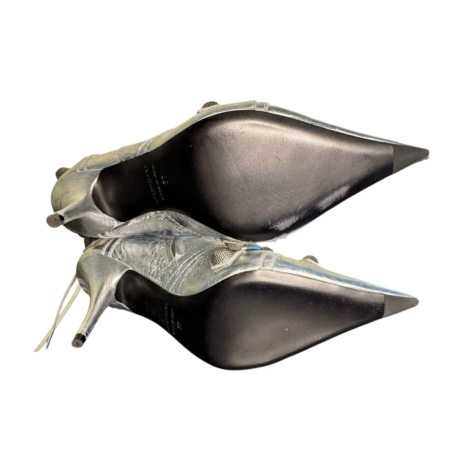 Balenciaga NIB Le Cagole Studded Crinkle Leather Ankle Boots in Silver Size 38 - Image 9