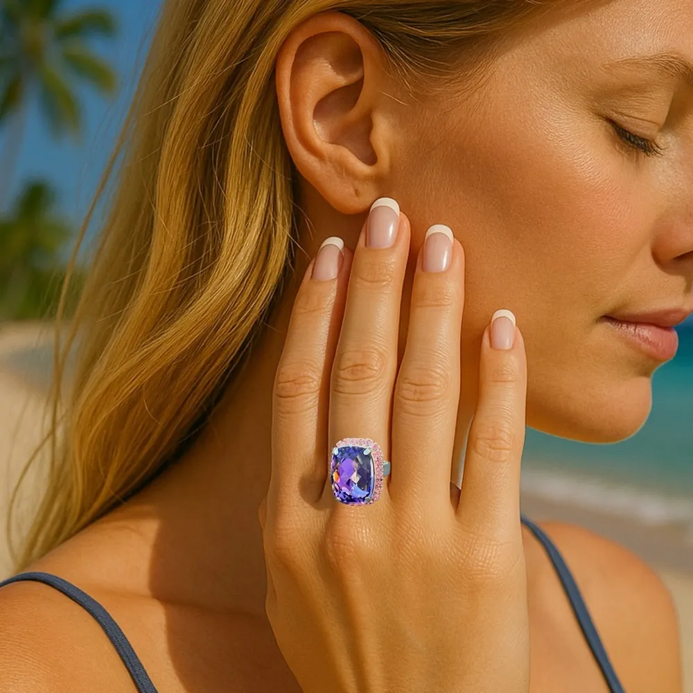 Handcrafted sparkly ring made with Swarovski crystal adjustable fit Purple - Image 3