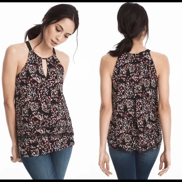 WHBM Top Halter Split Back Knit Black Print S Sleeveless Tiered Dressy Tank - Image 2