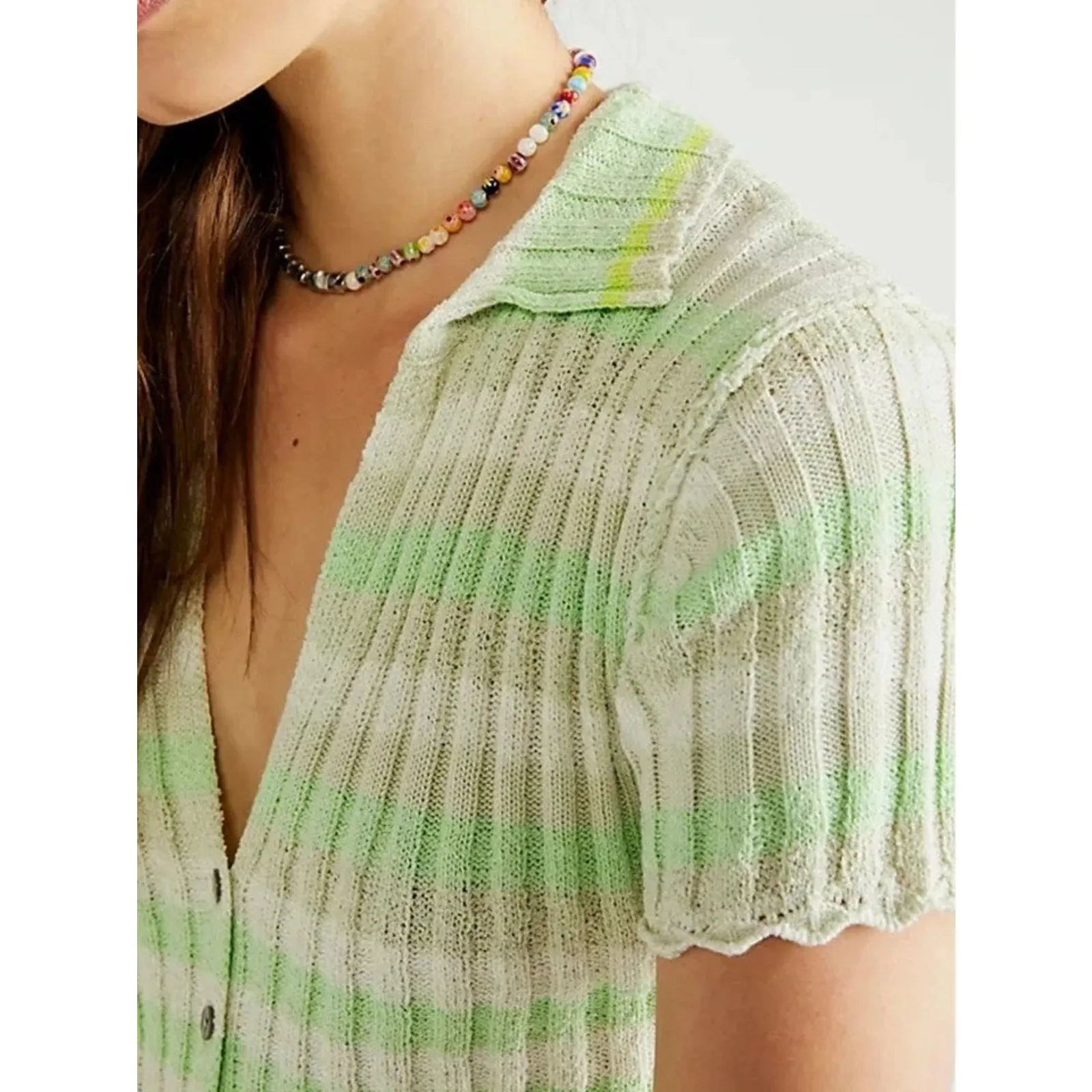 Free People Cardi Cardigan Green Stripes Buttoned Top Sz L - Image 2