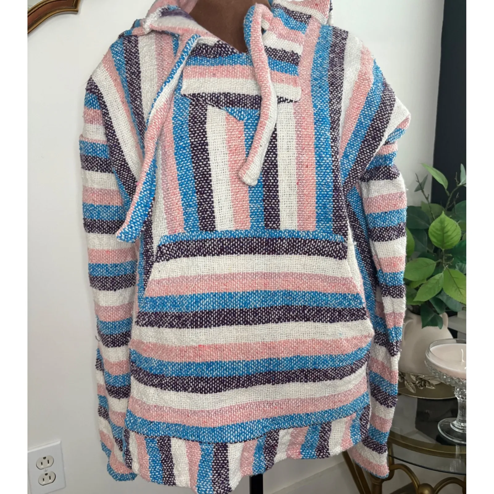 Striped Baja Hoodie Delmex Pullover Drug Rug Festival Bohemian Pink Blue - Image 2