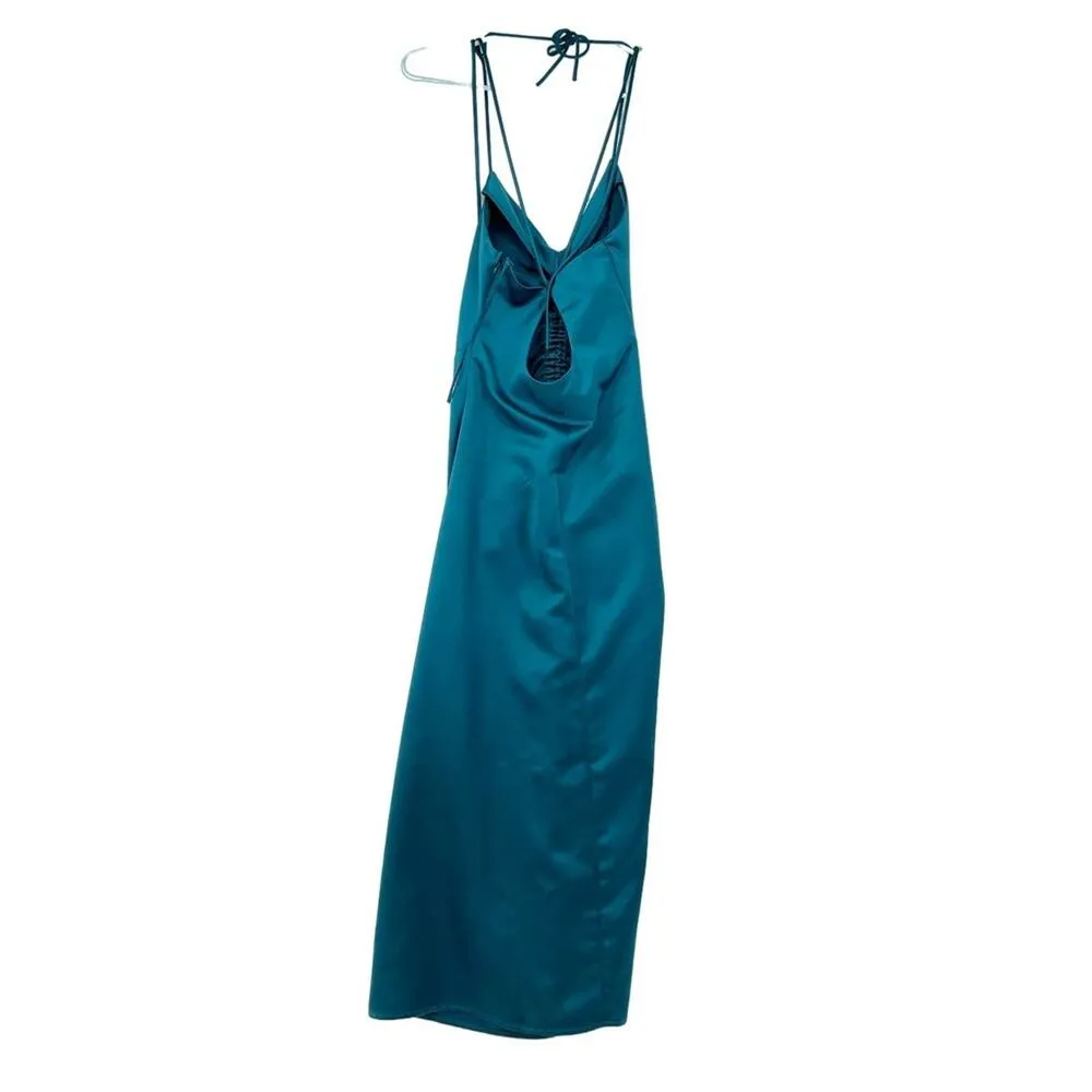 NWT Jason Wu Teal Satin Strappy Crisscross Back Shoulder Tie Slip Dress Maxi S - Image 3