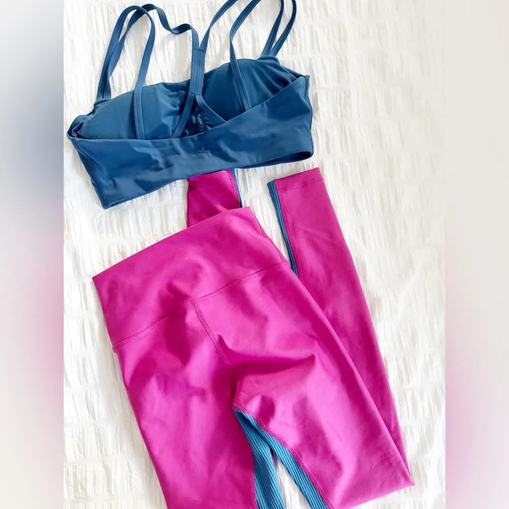 Workout Set Outfit Peloton JoyLab Small XS Pink Leggings Blue Sports Bra - Image 7