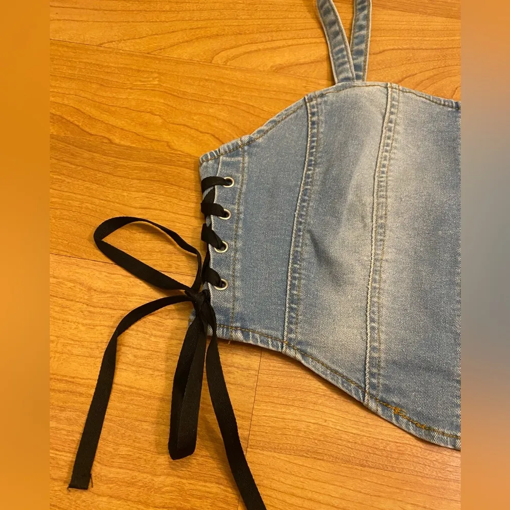 None Denim Cropped Corset Top - Image 3