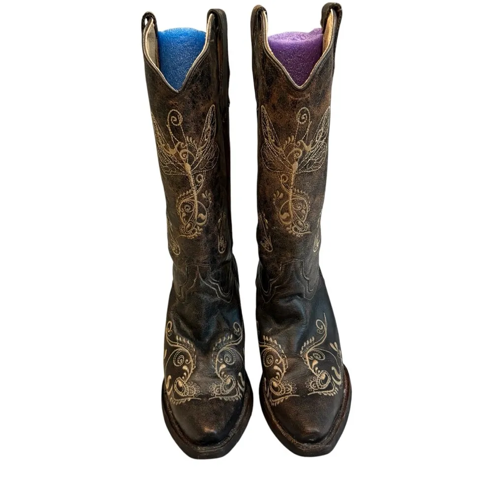 Circle G Distressed  Bone Dragonfly Embroidered Snip Toe Boots, Sz 10.5 - Image 3