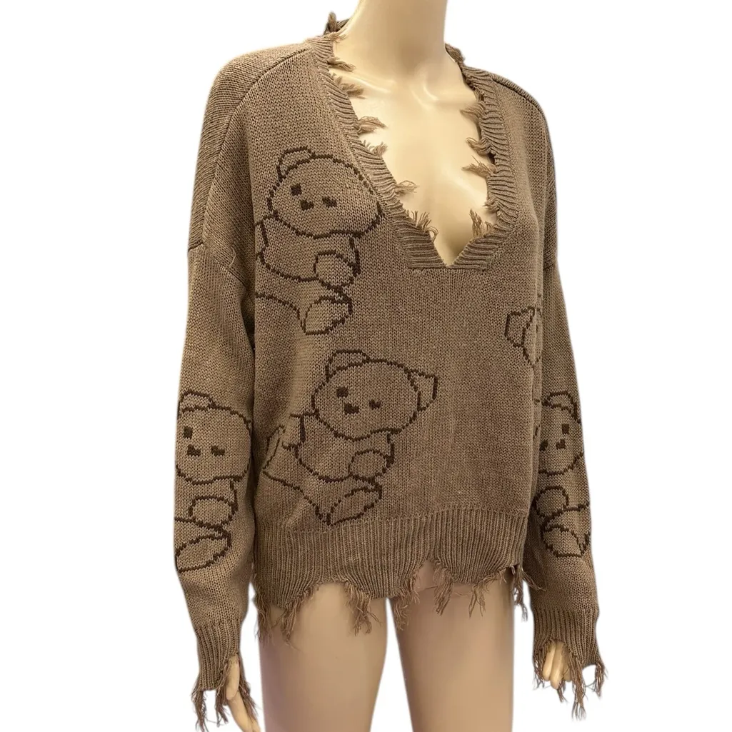 Just Polly Y2K Grunge Distressed Teddy Bear Sweater Brown Knit Womens Large - Image 3