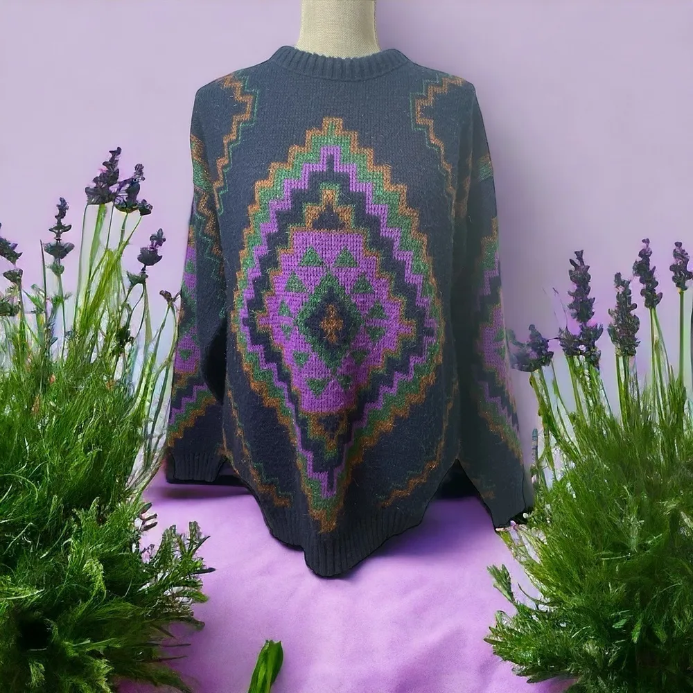 Vintage 1990s JJ Cochran Abstract Pattern Knit Crewneck Sweater Sz: M Purple Size M - Image 2