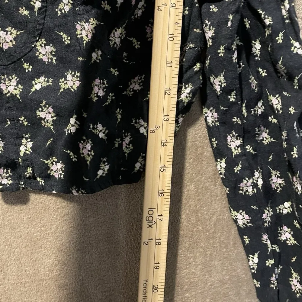 H&M Crop Top Womens Small Linen Puff Sleeve Black Floral Long Sleeve Shirt Smock - Image 6