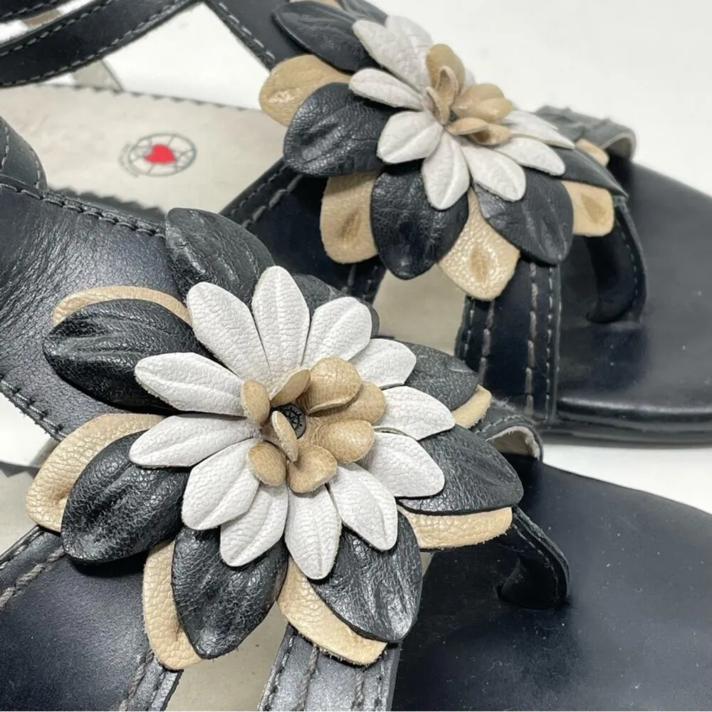 Bussola Black Tan Leather artsy Floral Flower Lisboa Sandals shoes Euro 38 US 8 - Image 5