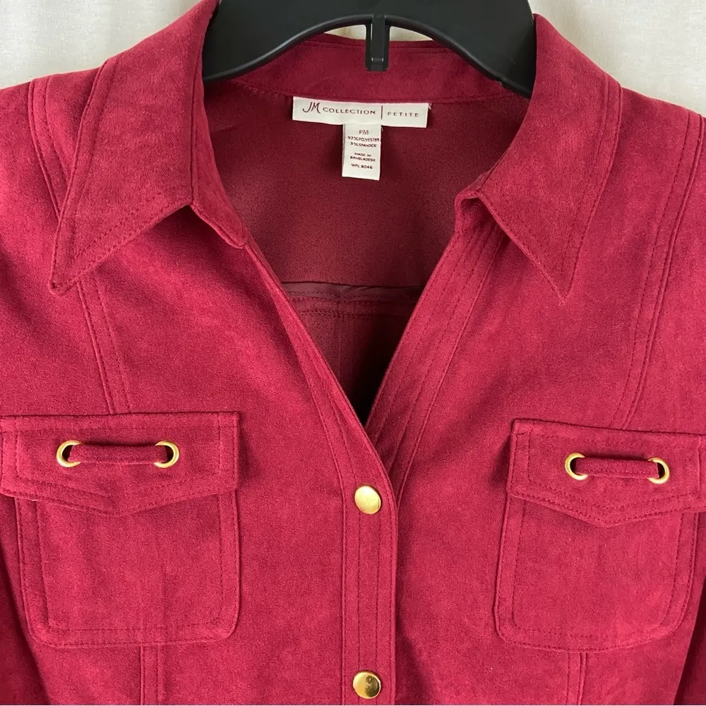 JM Collection Snap Front Dark Red Maroon Microsuede Top Size Petite Medium NWT - Image 62