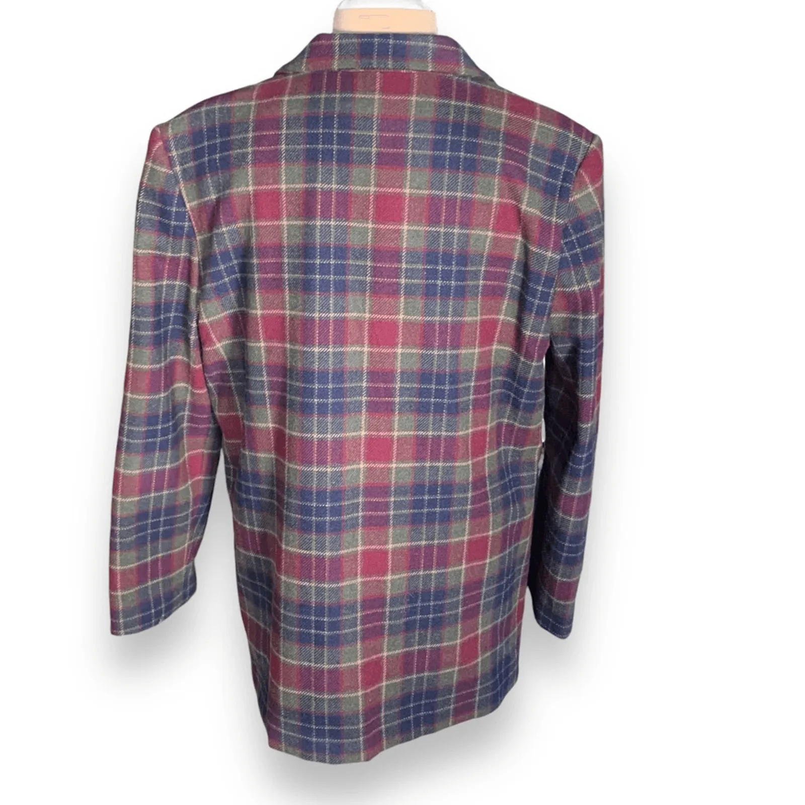Vintage Plaid Wool Blazer Jacket Womens Size 14 Burgundy Navy Green Preppy Red - Image 6