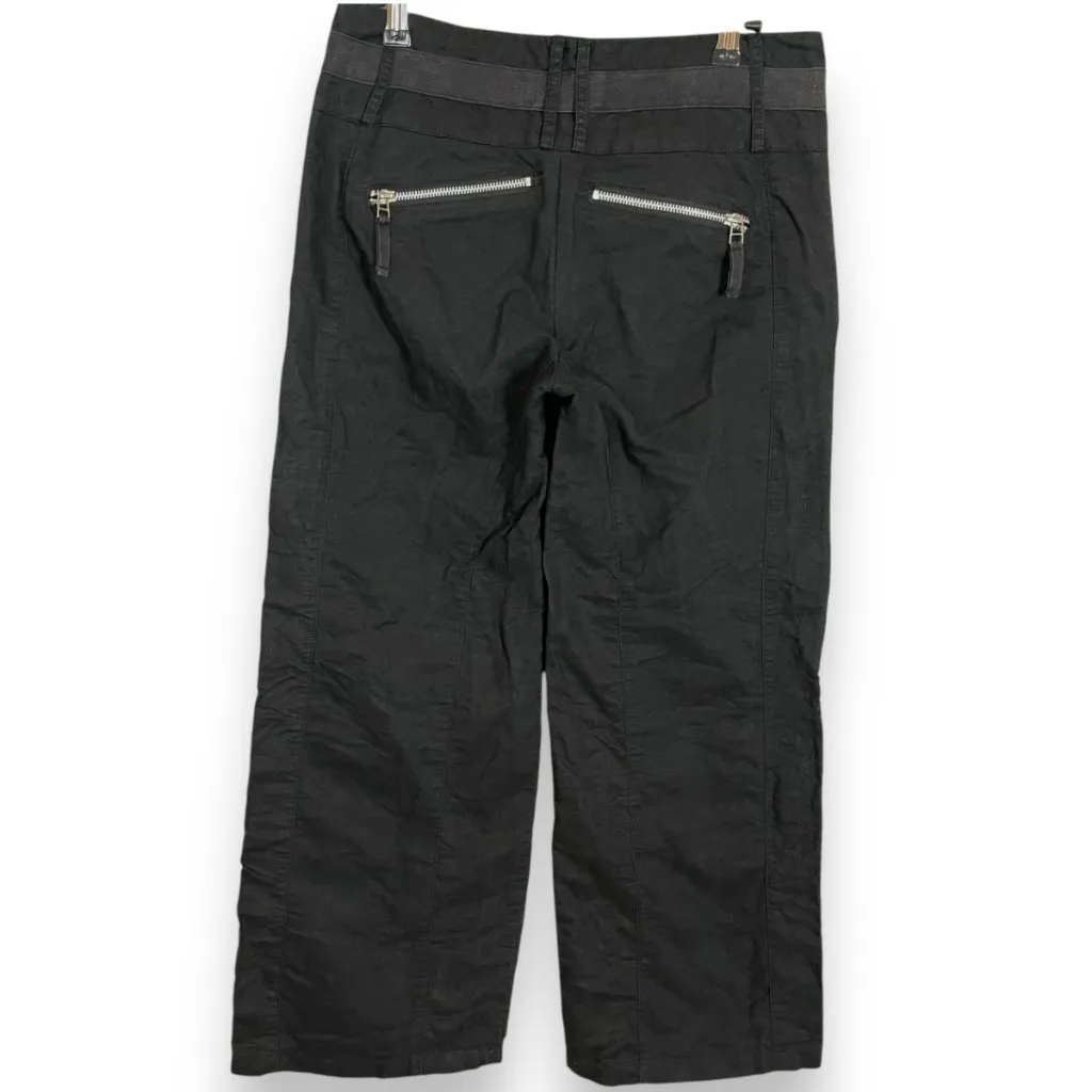 Black Pants Linen‎ Cotton Buckle Waist Size 2 Low Rise Cropped Skater Casual - Image 2