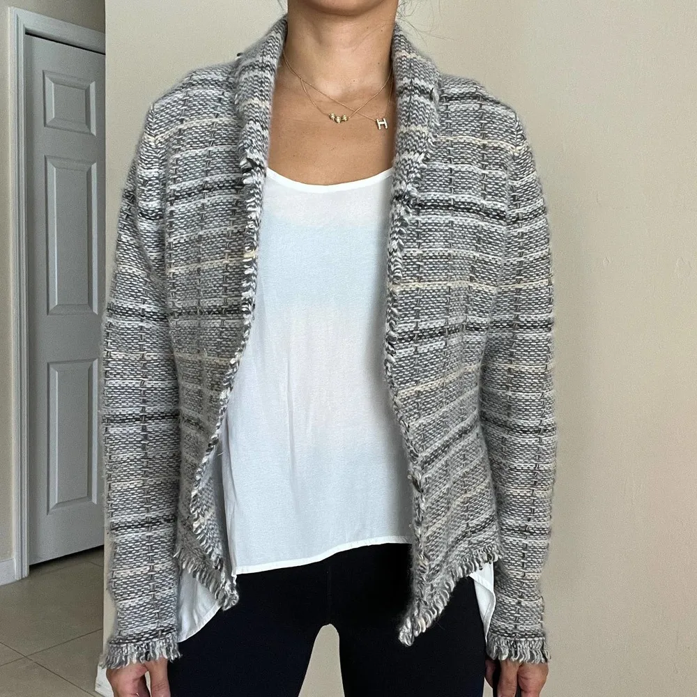 BANANA REPUBLIC Women's Angora & Wool Blend Grey Beige Tan Cardigan Size L - Image 7