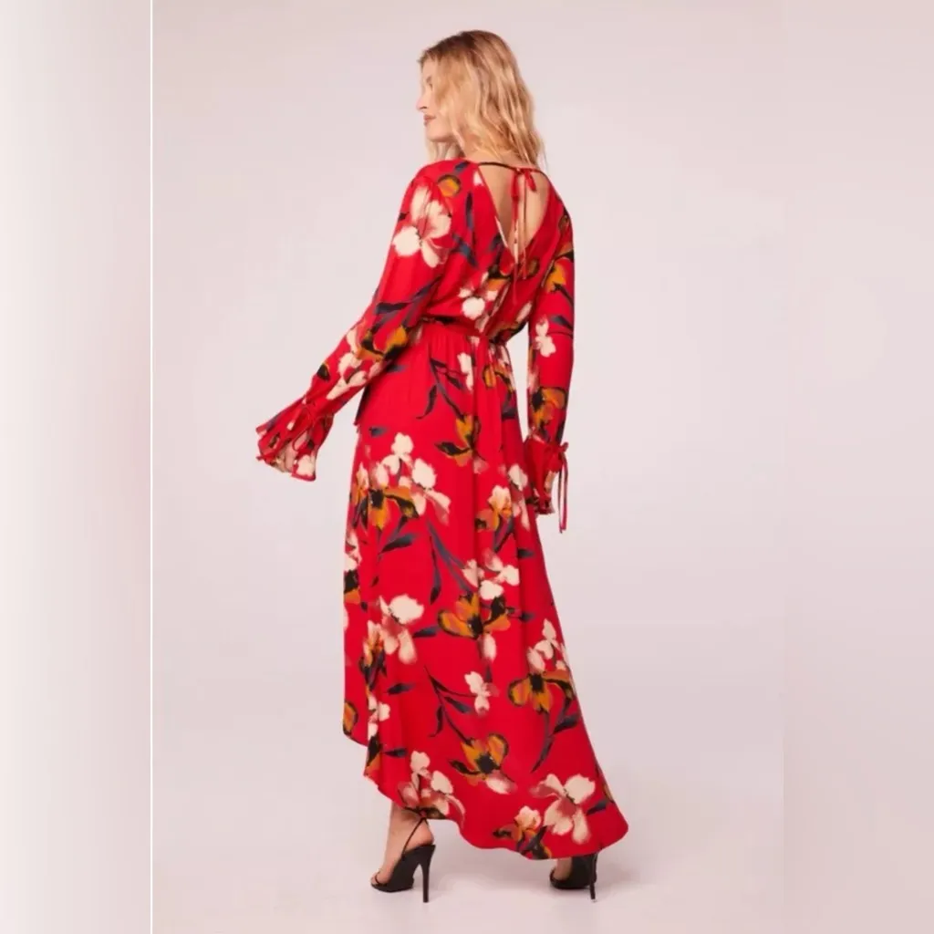 Band Of The Free Polly Red Floral Flowy Faux Wrap V Neck Maxi‎ Dress Size M Size M - Image 2