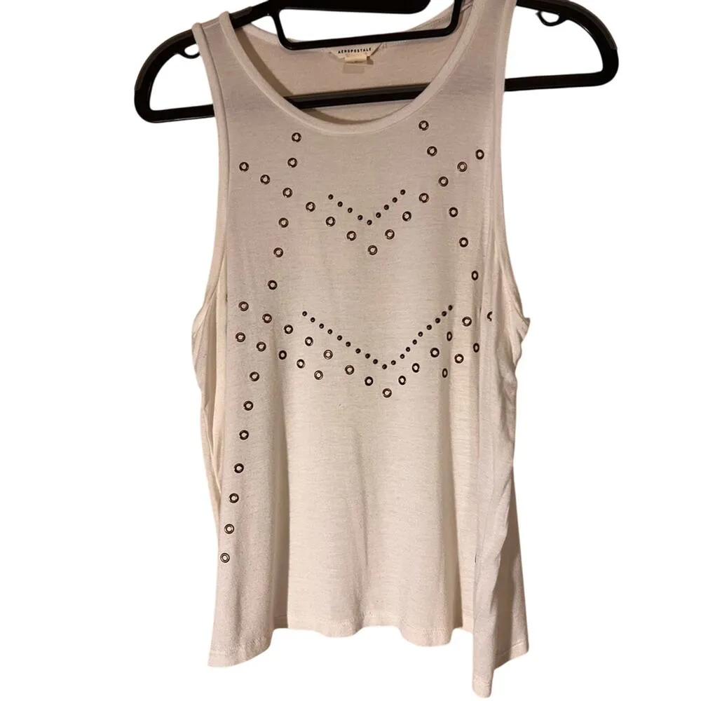 Aeropostale Tank Top‎ w/ Gold Metal Circles Swoop Neck Off White Women’s Medium - Image 2