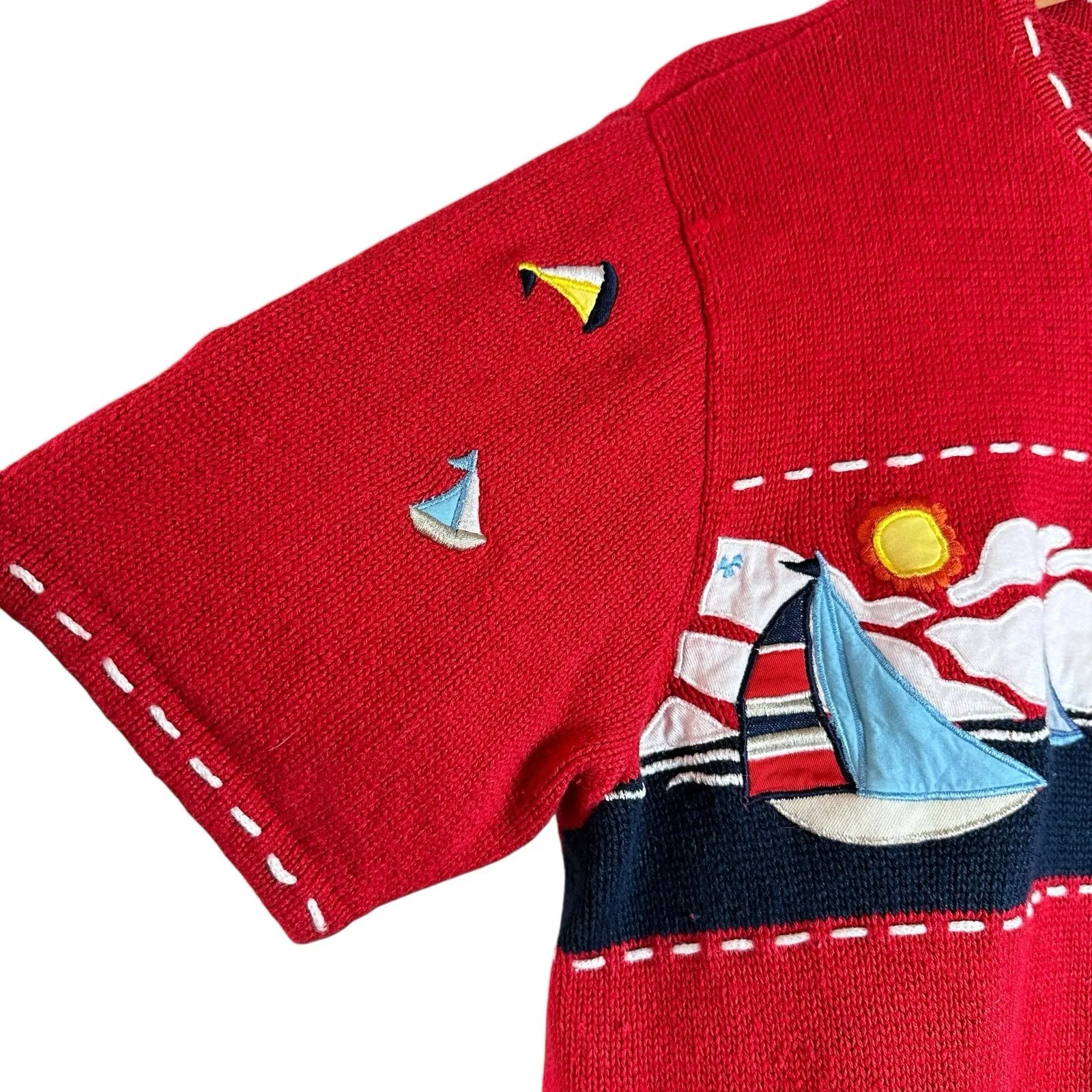 Vintage Nautical‎ Sailboat Sweater L Red Ramie Cotton Coastal Grandma Cardigan Size L - Image 6