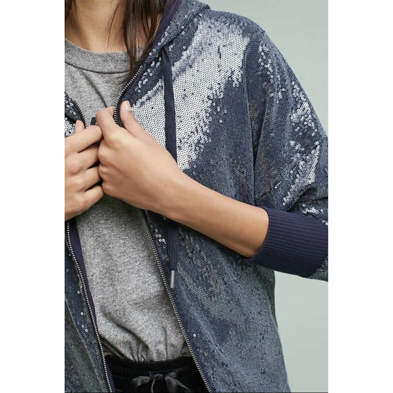 Anthropologie Zip Up All Over Sequin Hoodie Blue Pewter Small Eras Concert Party - Image 4